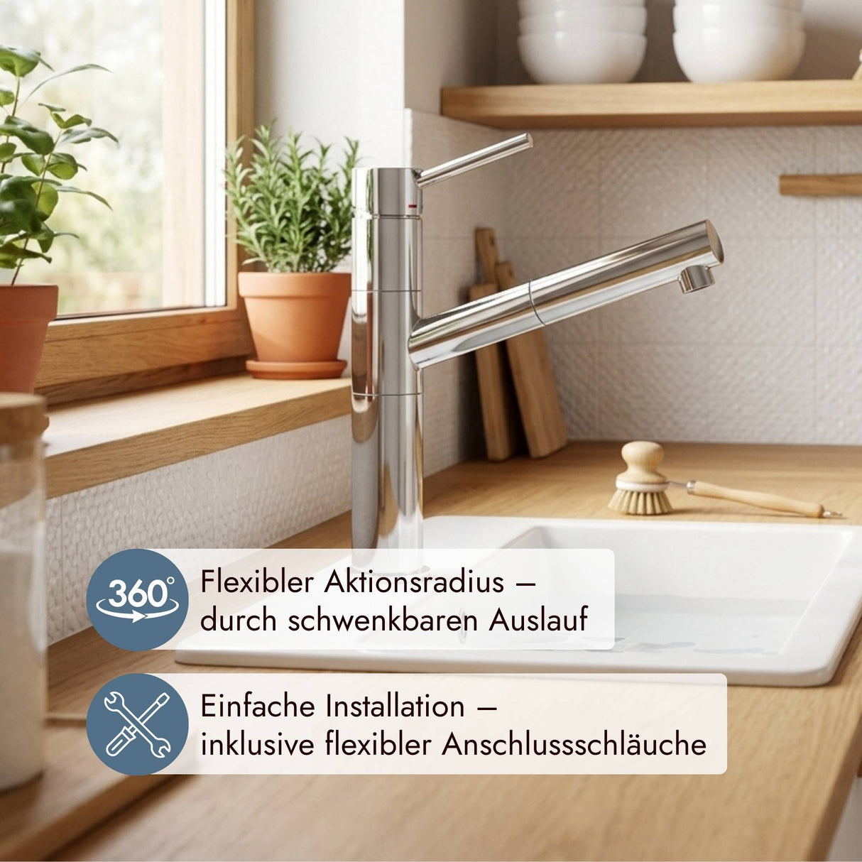 Systemceram Snow Armatur mit ausziehbarem Auslauf für mehr Bewegungsfreiheit beim Spülen und Reinigen
