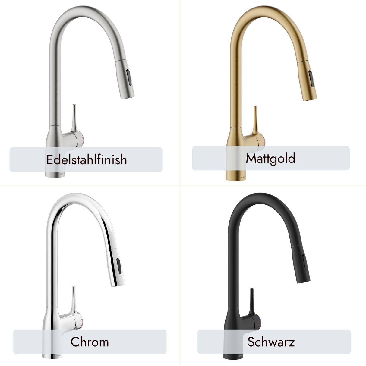 systemceram MANIA Soft Armatur in Mattgold, Chrom, Edelstahlfinish und Schwarz mit herausziehbarer Brause für hochwertige Küchen