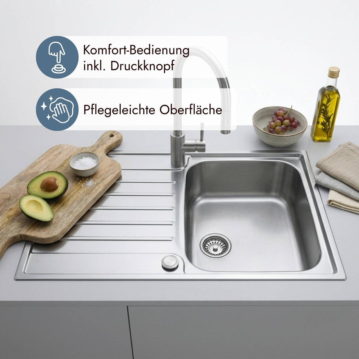 Reversible Franke Edelstahlspüle AGX 211-78 mit Armaturenbank und Druckknopfventil