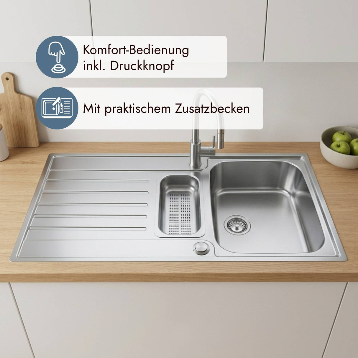 Reversible Franke Edelstahlspüle AGX 251-100 G mit Armaturenbank und Druckknopfventil