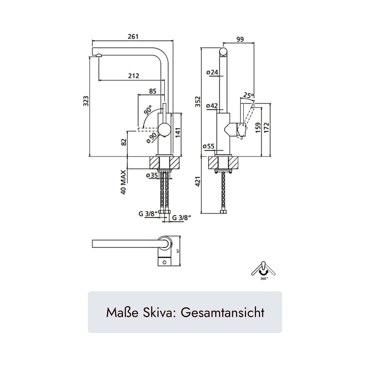 systemceram SKIVA Küchenarmatur mit 352 mm Höhe, 212 mm Ausladung und 35 mm Bohrlochmaß