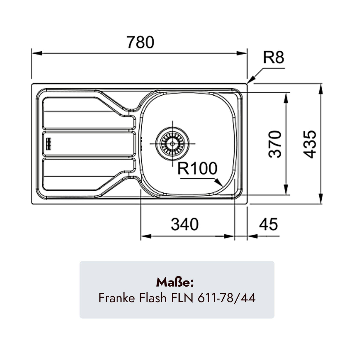 Franke Flash Küchenspüle 780 x 435 mm mit einem Becken und 3 1/2 Zoll Stopfenventil