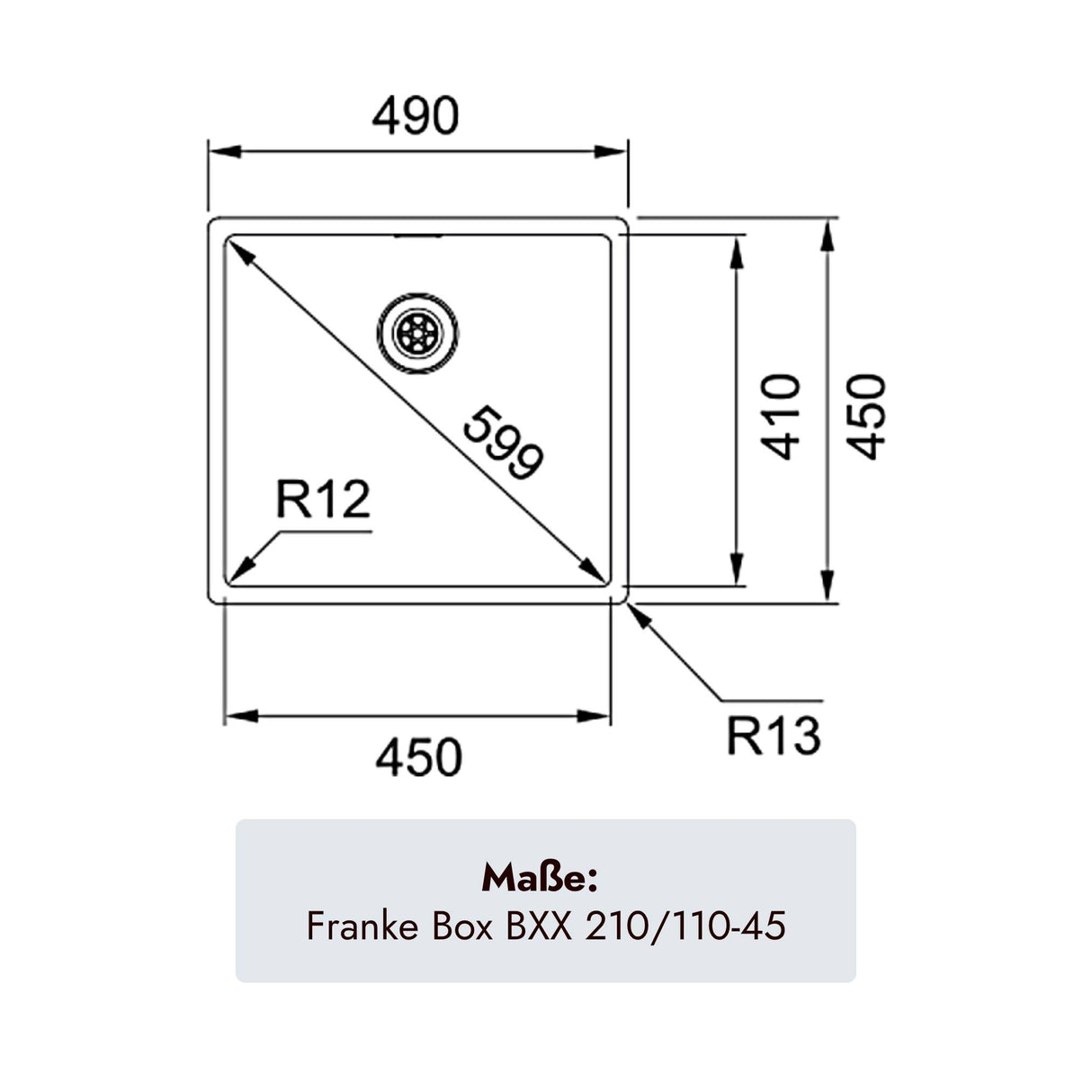 Edelstahlbecken Franke Box BXX 210/110-45 mit 450 mal 410 mm Beckenmaß und 200 mm Tiefe