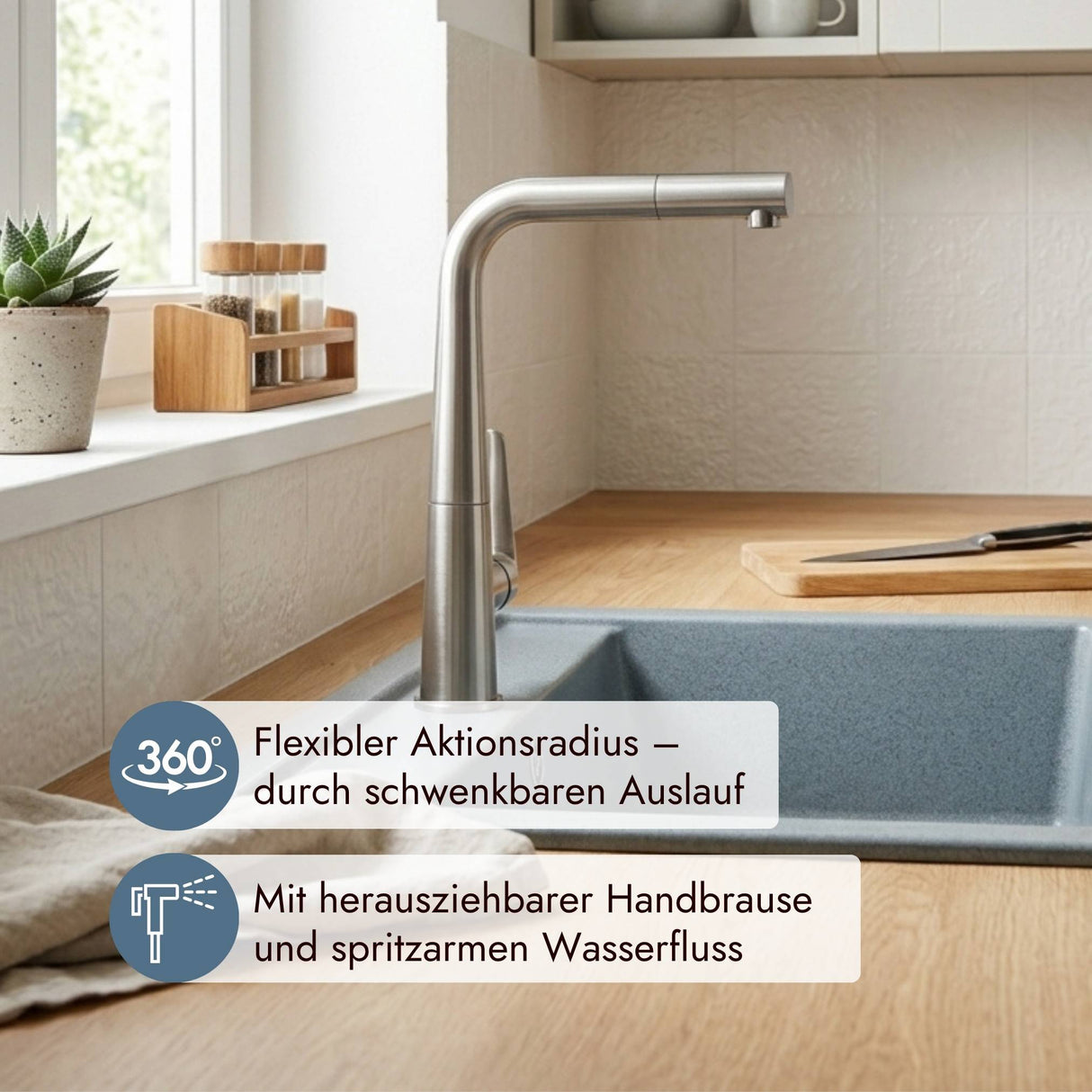 systemceram Tono Küchenarmatur mit herausziehbarem Auslauf und 262 mm Höhe. Mit 360 Grad Schwenkbereich