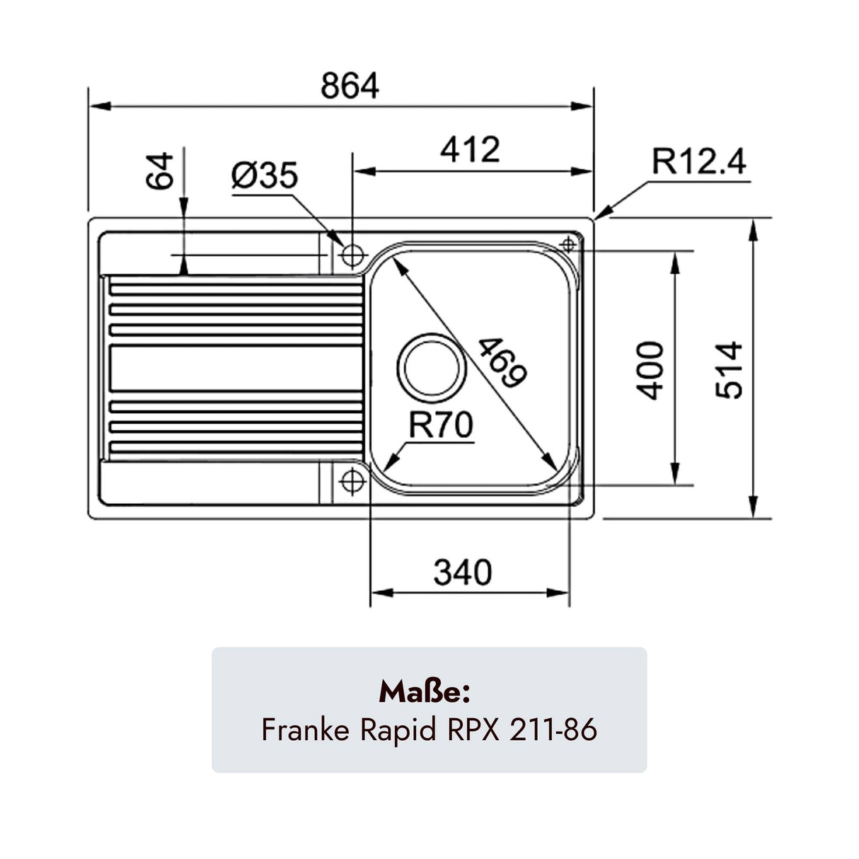 Franke Rapid Edelstahlspüle 864 x 514 mm mit einem Becken für moderne Küchen