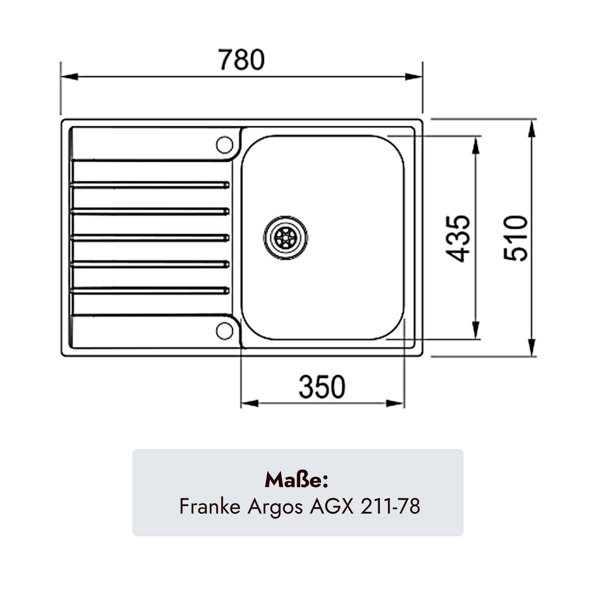 Franke Argos Edelstahlspüle 780 x 510 mm mit einem Becken für 45er Unterschränke