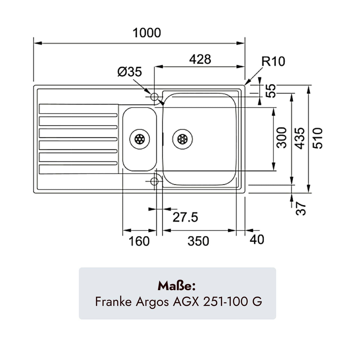 Franke Argos Edelstahlspüle 1000 x 510 mm mit 1,5 Becken für moderne Küchen