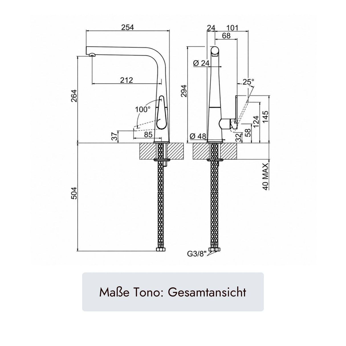 systemceram Tono Küchenmischer mit 264 mm Höhe, 212 mm Ausladung und Einhebelbedienung