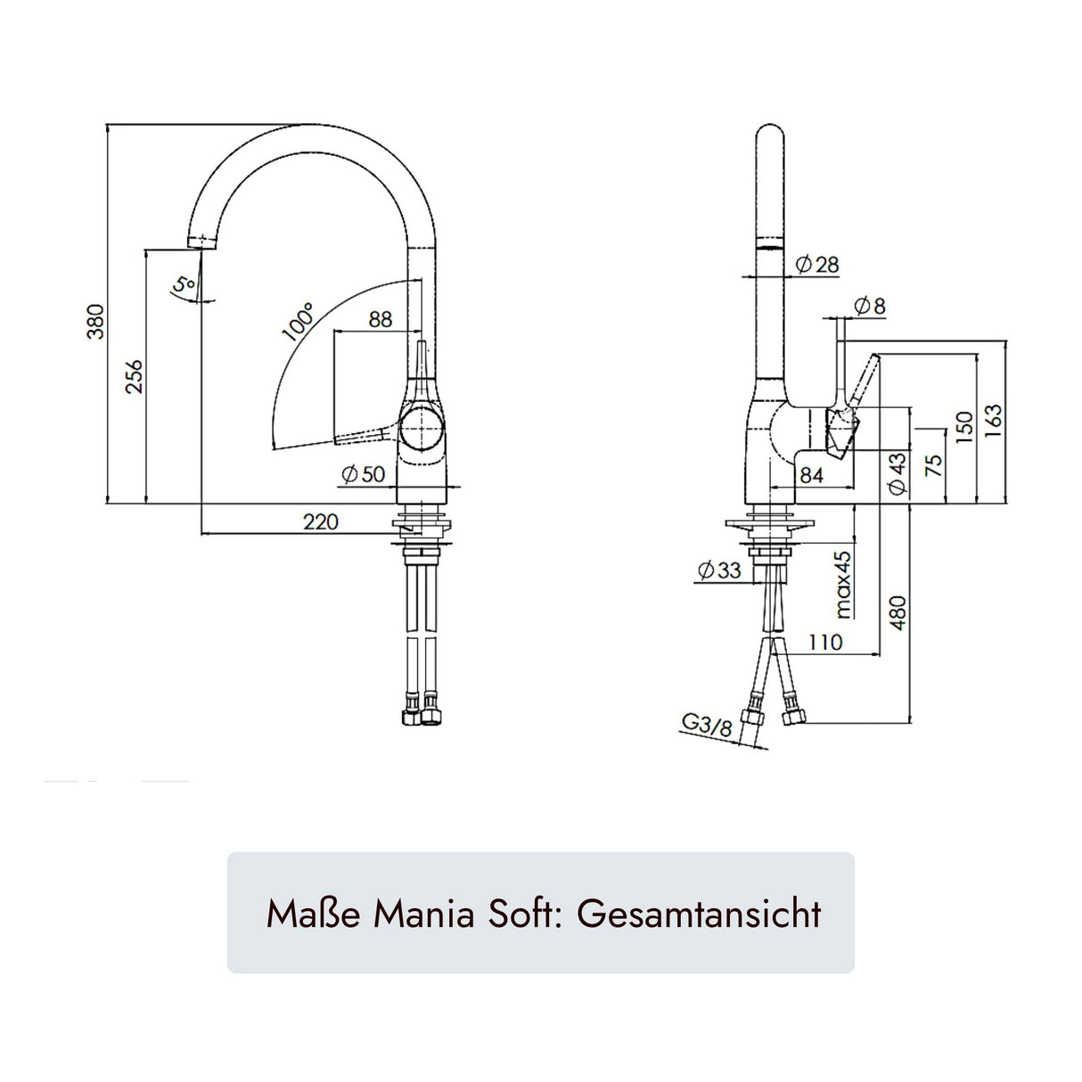 Küchenarmatur systemceram MANIA Soft mit 380 mm Armaturenhöhe und integriertem Durchflussbegrenzer
