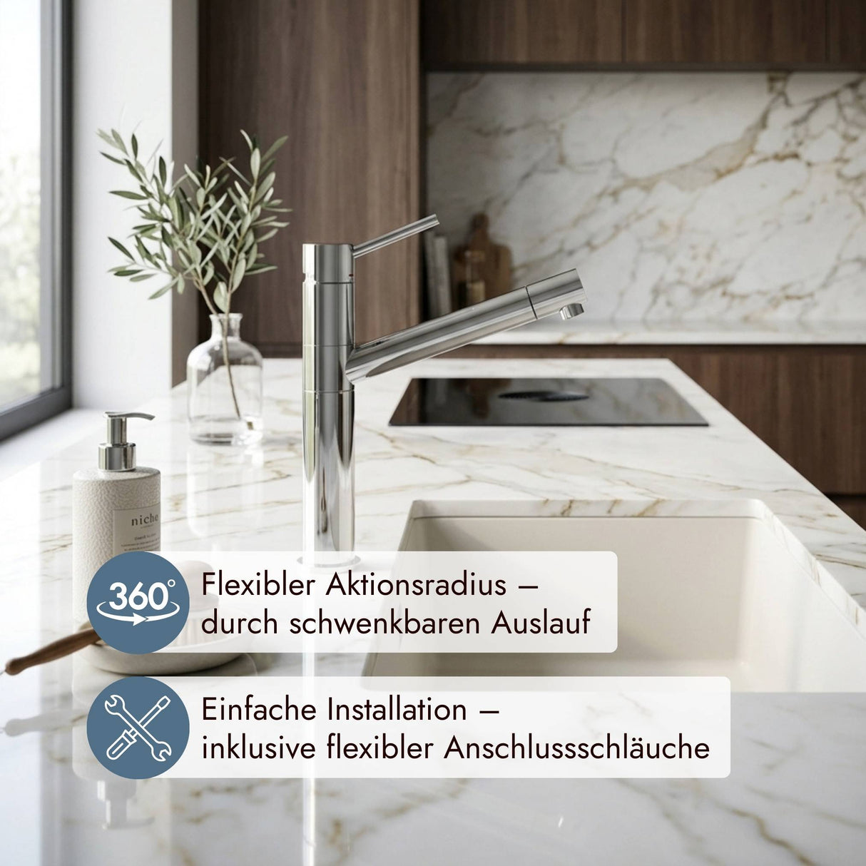 Systemceram Snow Einhebelmischer mit reduzierter Formensprache für den funktionalen Spülbereich