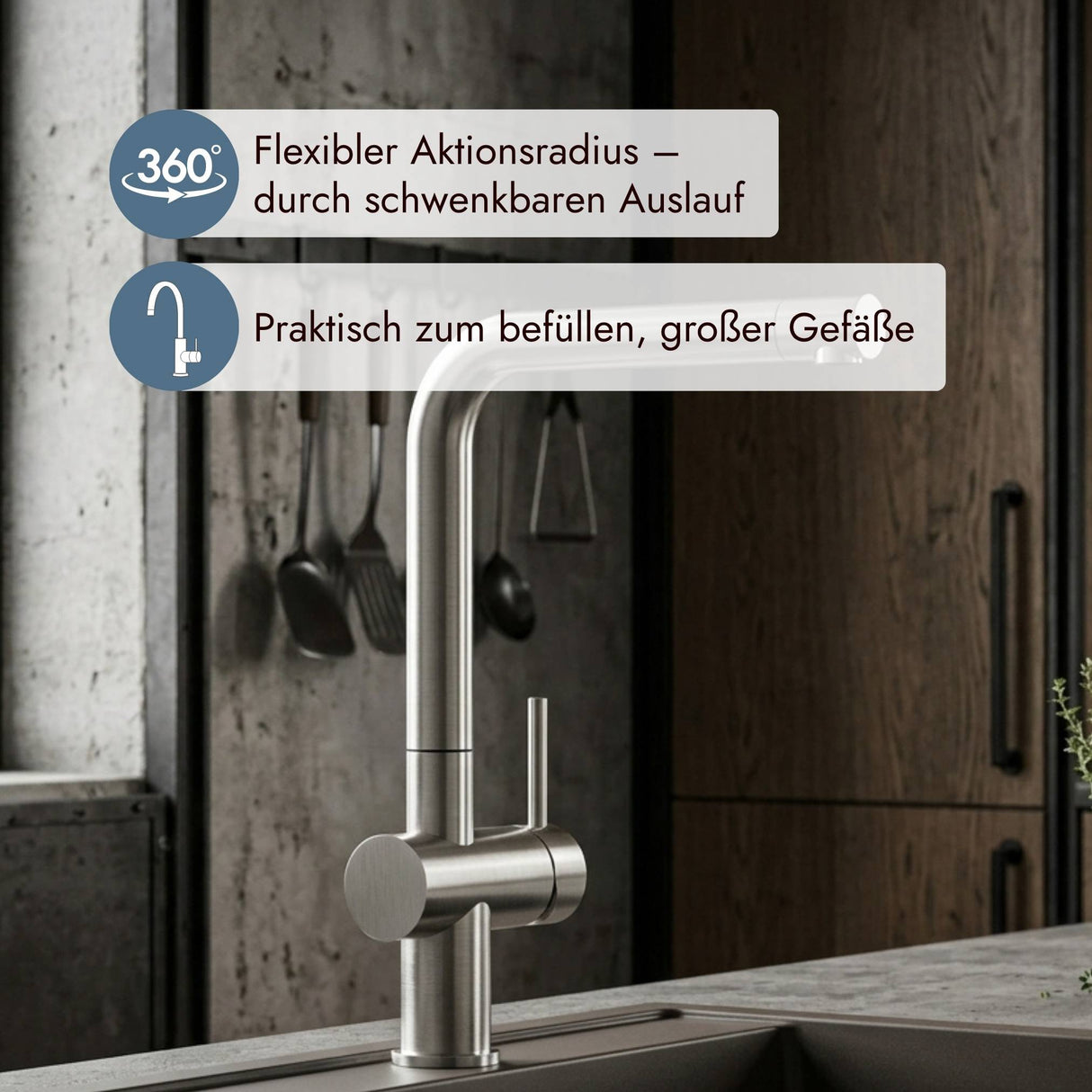 systemceram SILA Armatur in Edelstahlfinish mit zeitloser Optik und praktischer Einhebelbedienung