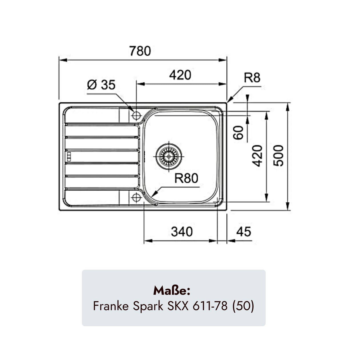 Franke Spark SKX 611-78 (50) Edelstahlspüle 780 x 500 mm mit Becken 340 x 420 x 160 mm