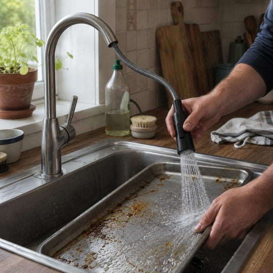 Herausziehbare Schlauchbrause im Einsatz bei der Reinigung eines Backblechs in der Spüle.