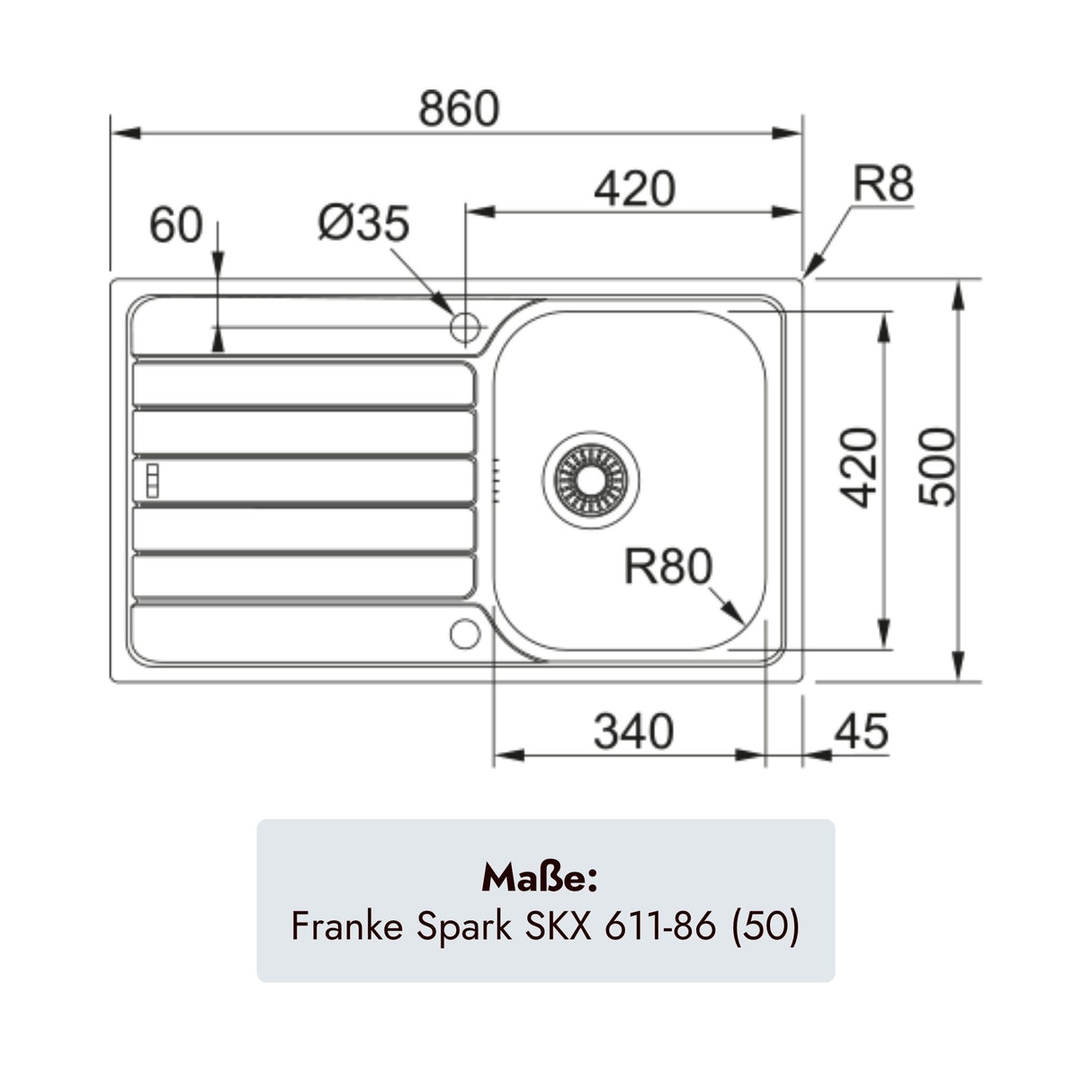 Franke Spark SKX 611-86 (50) Edelstahlspüle 860 x 500 mm mit Becken 340 x 420 x 160 mm