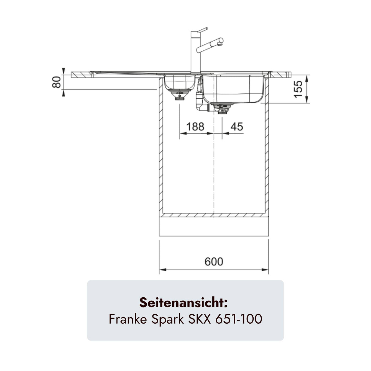 Franke Spark SKX 651-100 Edelstahlspüle mit 1000 × 500 mm Außenmaß, 1,5 Becken und Abtropffläche
