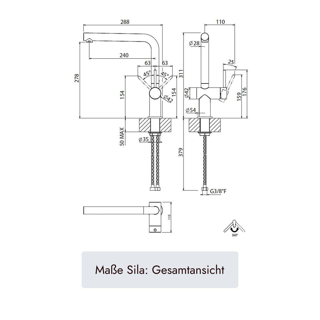 systemceram SILA Einhebelmischer mit 360° Schwenkbereich, Ø35-mm-Montagebohrung, G3/8"-Anschlüssen, Ø55-mm-Sockel und maximal 40 mm Plattenstärke