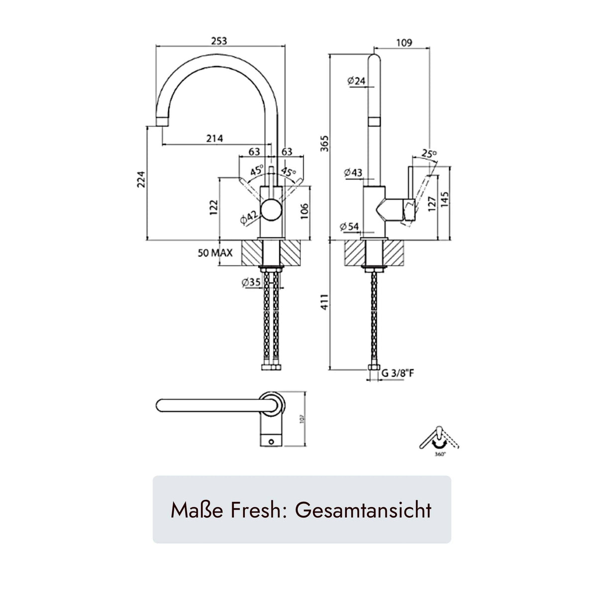 Systemceram Fresh Hochdruck-Küchenarmatur mit Festauslauf, 365 mm Höhe, 214 mm Ausladung und 360 Grad Schwenkbereich
