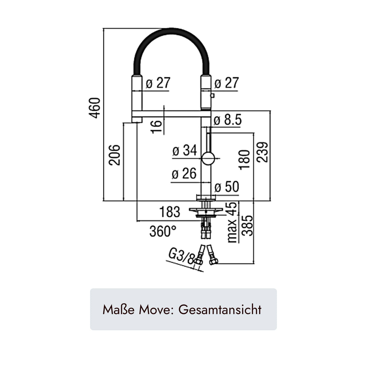 systemceram Move Küchenarmatur mit 460 mm Gesamthöhe, 183 mm Ausladung, 360° Schwenkbereich, Ø50 mm Sockel, Ø34 und Ø26 mm Bohrmaß sowie G3/8-Anschluss