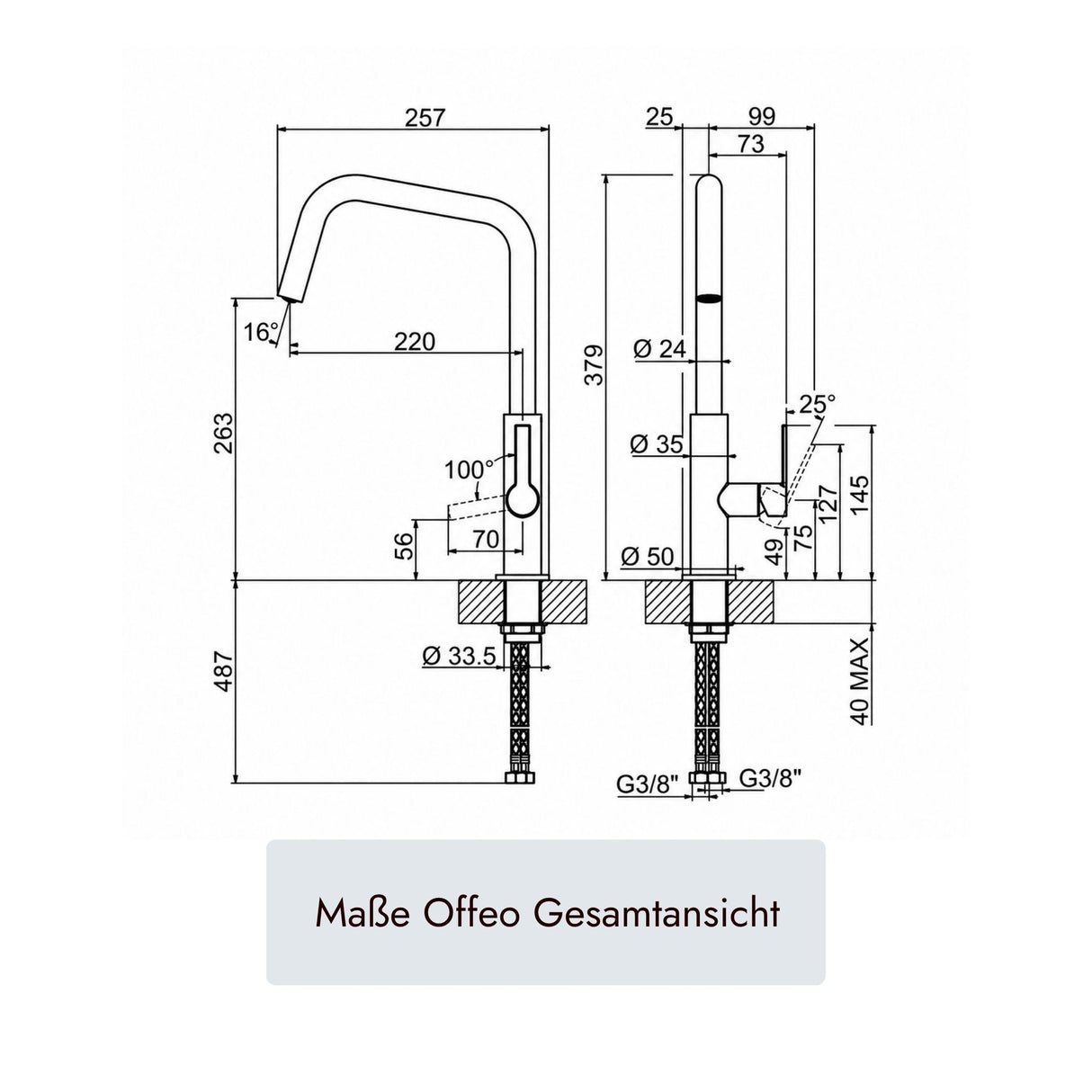 systemceram Offeo Küchenarmatur mit 379 mm Gesamthöhe, 220 mm Ausladung, 257 mm