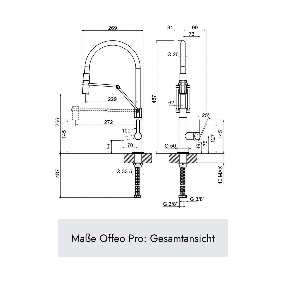 systemceram Offeo Pro Küchenarmatur mit 487 mm Gesamthöhe, 229 mm Ausladung, 269 mm Auslaufbreite, Ø33,5-mm-Montagebohrung, Ø50-mm-Sockel und G3/8-Anschluss