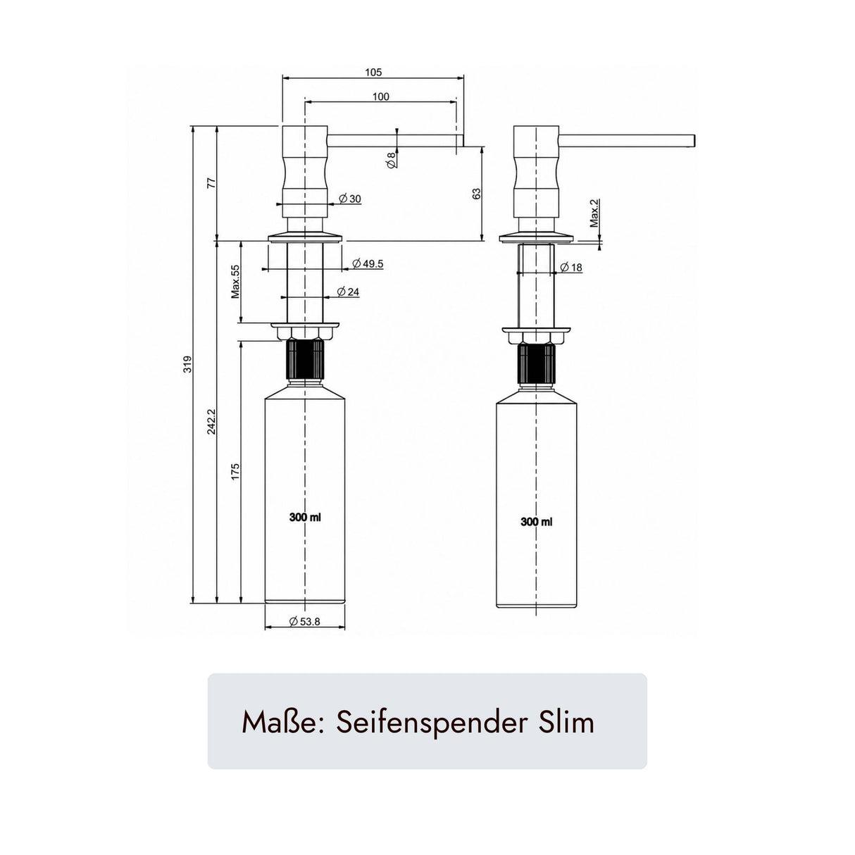 Technische Maßzeichnung systemceram Spülmittelspender SLIM mit 319 mm Gesamthöhe, 105 mm Ausladung und 300 ml Behälter