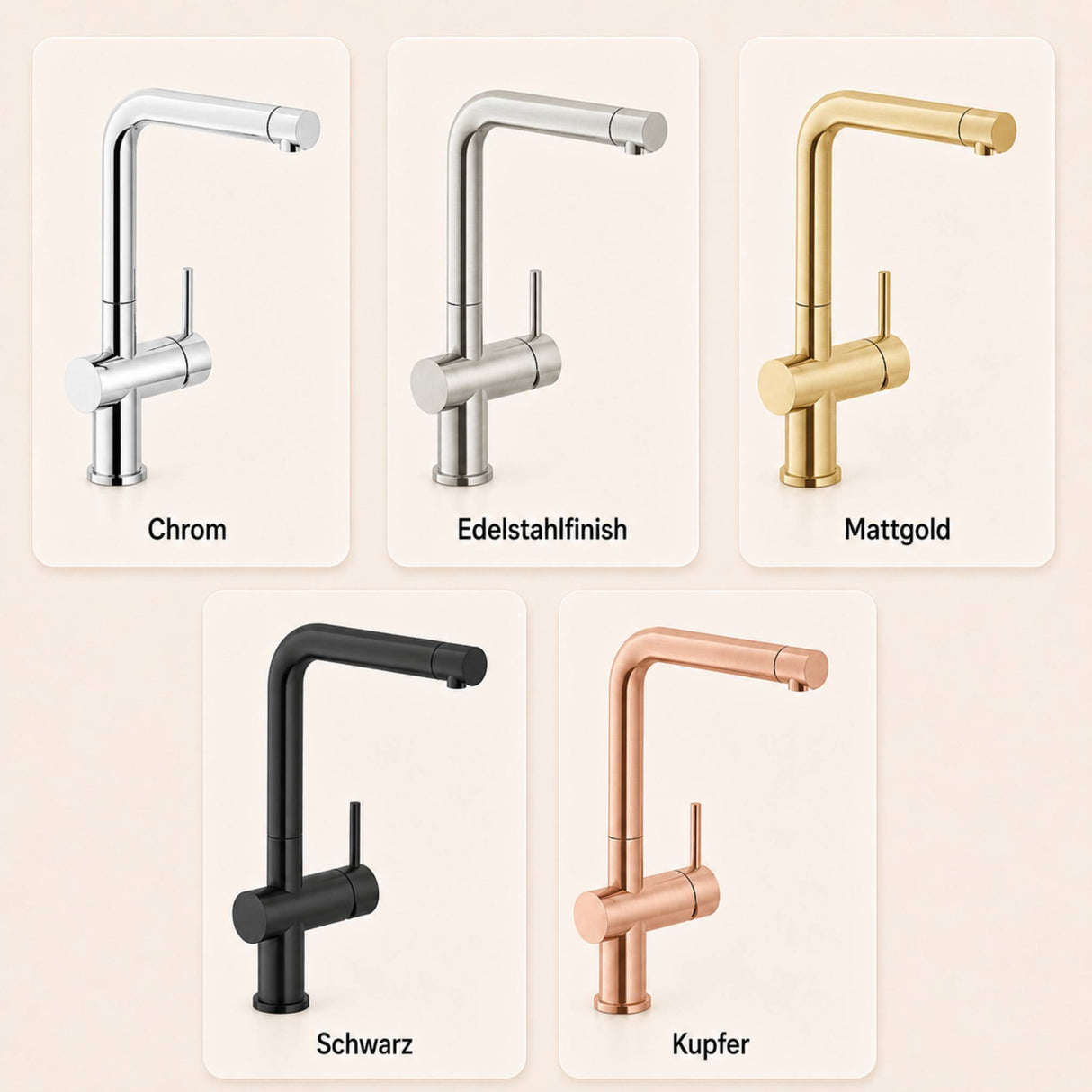 systemceram SILA Küchenarmatur erhältlich in Chrom, Edelstahlfinish, Schwarz, Mattgold und Kupfer
