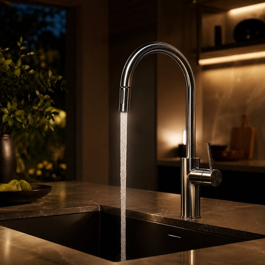 Stimmungsvolle Abendaufnahme einer perfekt montierten Hochdruck-Küchenarmatur mit konstantem Wasserfluss.