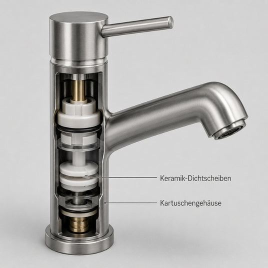 Technische Detailzeichnung einer langlebigen Keramikkartusche für drucklose Küchenarmaturen.