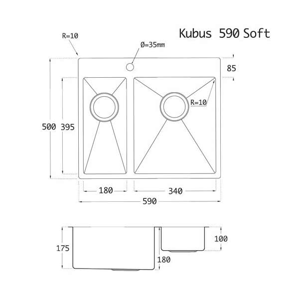 Lavabo Kubus 590 soft Doppelbecken Edelstahl