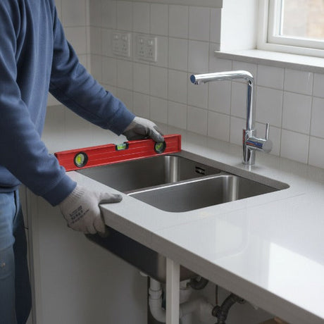 Küchenspüle wird in eine Küchenarbeitsplatte eingesetzt und ausgerichtet