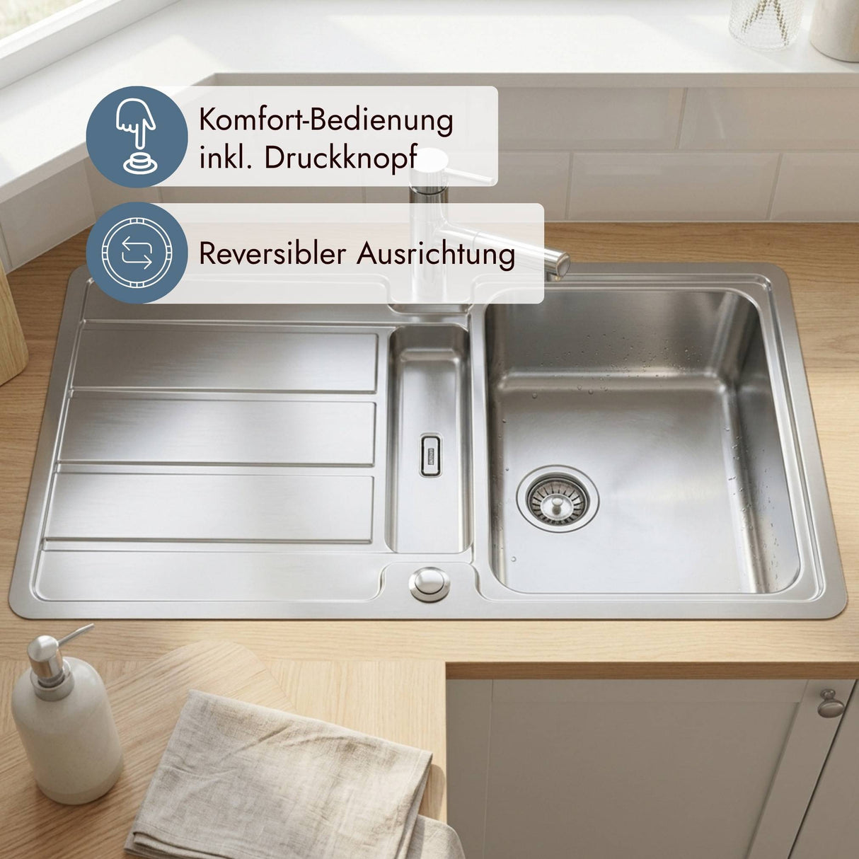 Reversible Franke Hydros Spüle mit Abtropffläche, Armaturenbank und Druckknopfventil