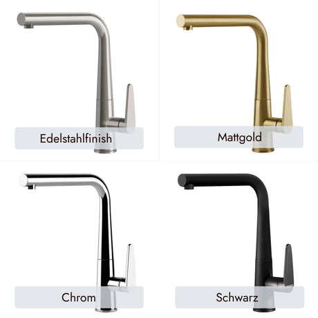 systemceram Tono Armatur in Mattgold , Chrom, Schwarz oder mit Edelstahlfinish. Mit eleganter Oberfläche für schöne Küchen