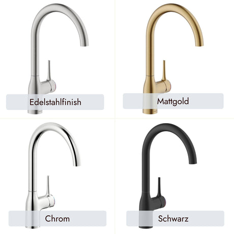Elegante systemceram MANIA Soft Küchenarmatur in Chrom, Schwarz, Mattgold und Edelstahlfinish