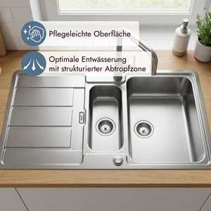 Materialdetail der Franke Hydros Edelstahlspüle mit kleinem Zusatzbecken und Hauptbecken