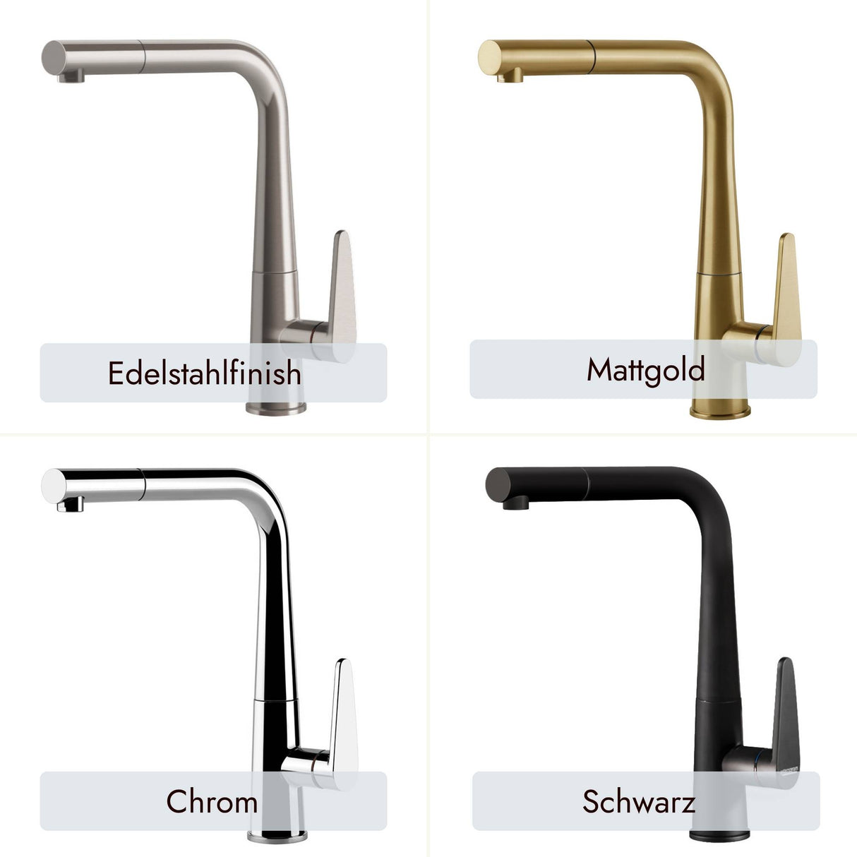 systemceram Tono Armatur mit Auszieh-Auslauf und moderner Einhebelbedienung. In den Farben Mattgold, Chrom, Schwarz und mit Edelstahlfinish