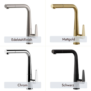 systemceram Tono Armatur mit Auszieh-Auslauf und moderner Einhebelbedienung. In den Farben Mattgold, Chrom, Schwarz und mit Edelstahlfinish