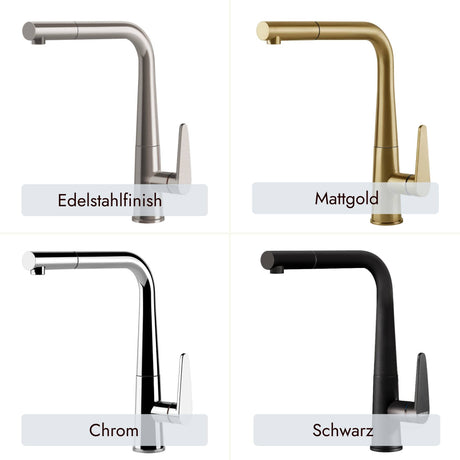 systemceram Tono Armatur mit Auszieh-Auslauf und moderner Einhebelbedienung. In den Farben Mattgold, Chrom, Schwarz und mit Edelstahlfinish