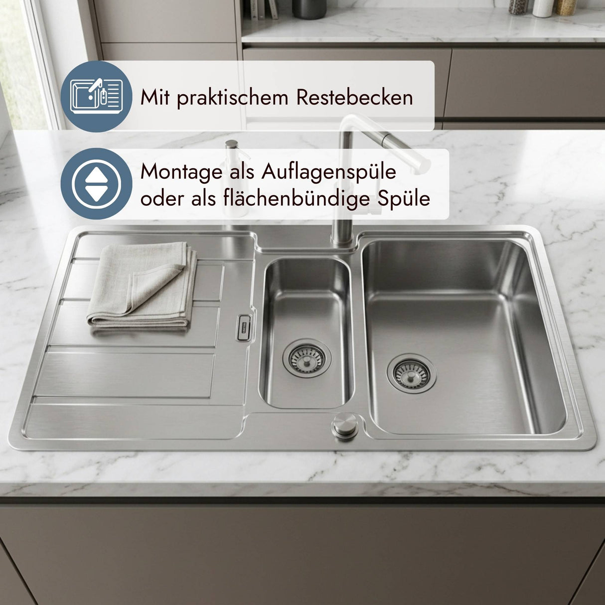 Technische Ansicht der Franke Hydros Spüle mit großem Becken, Nebenbecken und Ablaufpositionen