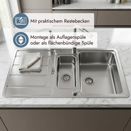 Technische Ansicht der Franke Hydros Spüle mit großem Becken, Nebenbecken und Ablaufpositionen