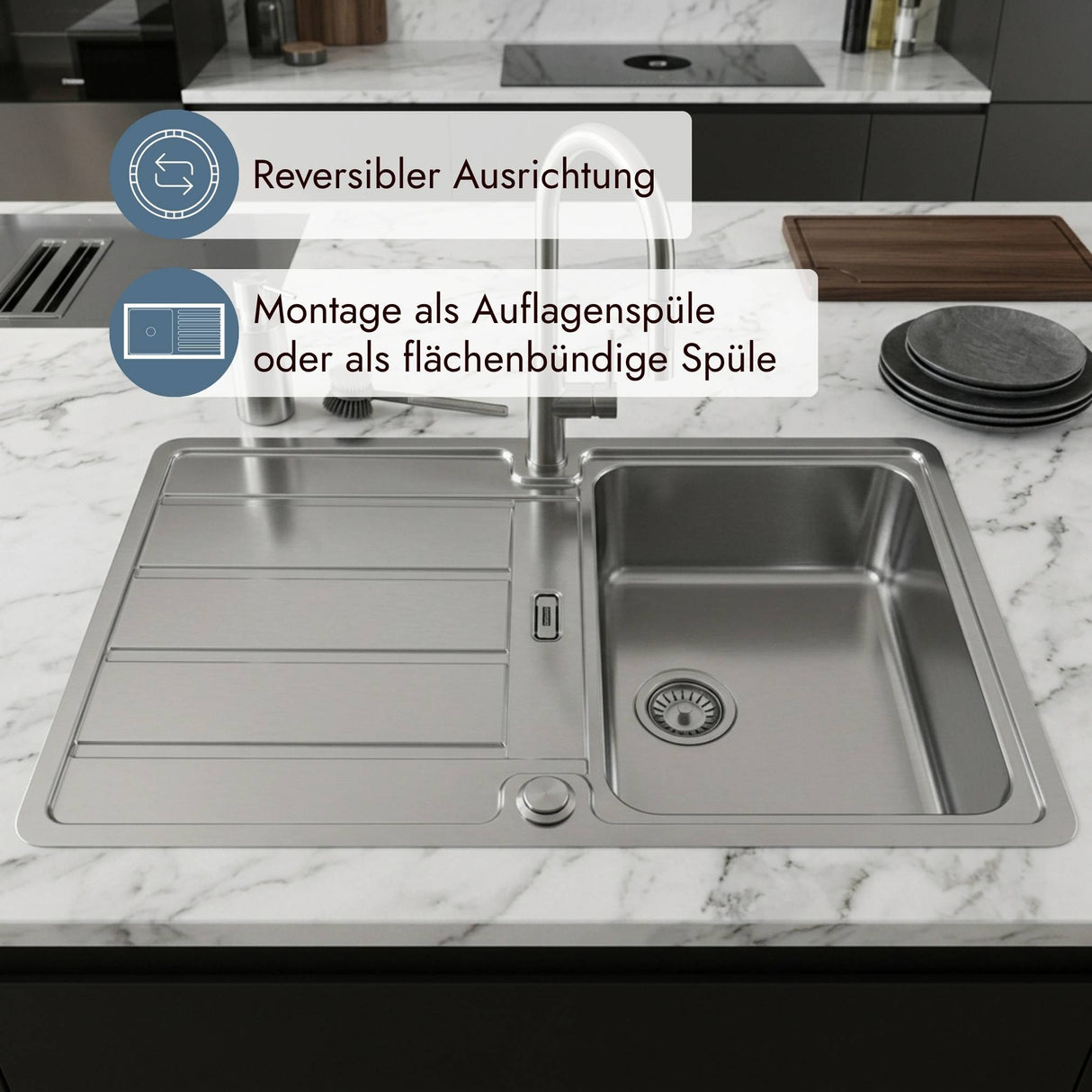 Detailansicht der Franke Hydros Edelstahloberfläche mit Abtropffläche und Überlaufbereich