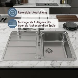 Detailansicht der Franke Hydros Edelstahloberfläche mit Abtropffläche und Überlaufbereich