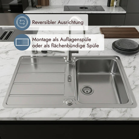 Detailansicht der Franke Hydros Edelstahloberfläche mit Abtropffläche und Überlaufbereich