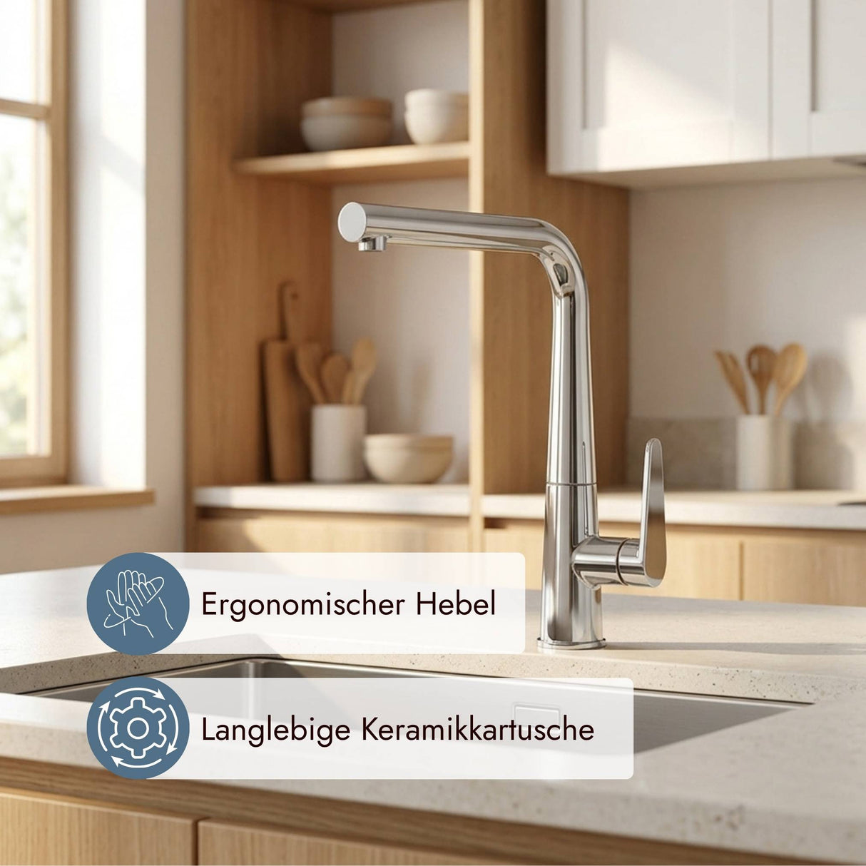 Systemceram Armatur Tonio mit ergonomischem Hebel und langlebiger Keramikkartusche.