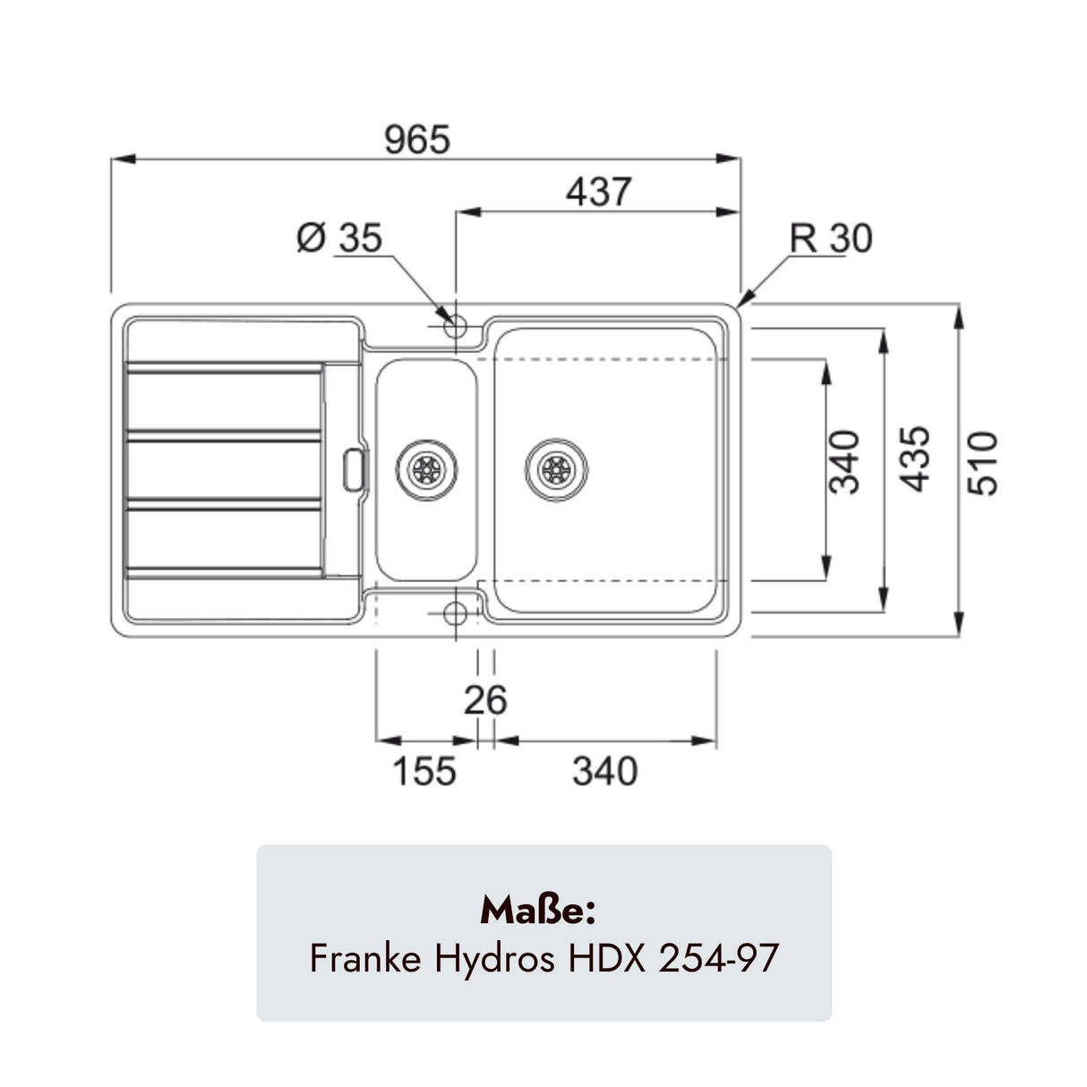 Maßzeichnung der Franke Hydros HDX 254 Rev mit 965 mm Gesamtbreite und 510 mm Tiefe