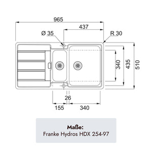 Maßzeichnung der Franke Hydros HDX 254 Rev mit 965 mm Gesamtbreite und 510 mm Tiefe
