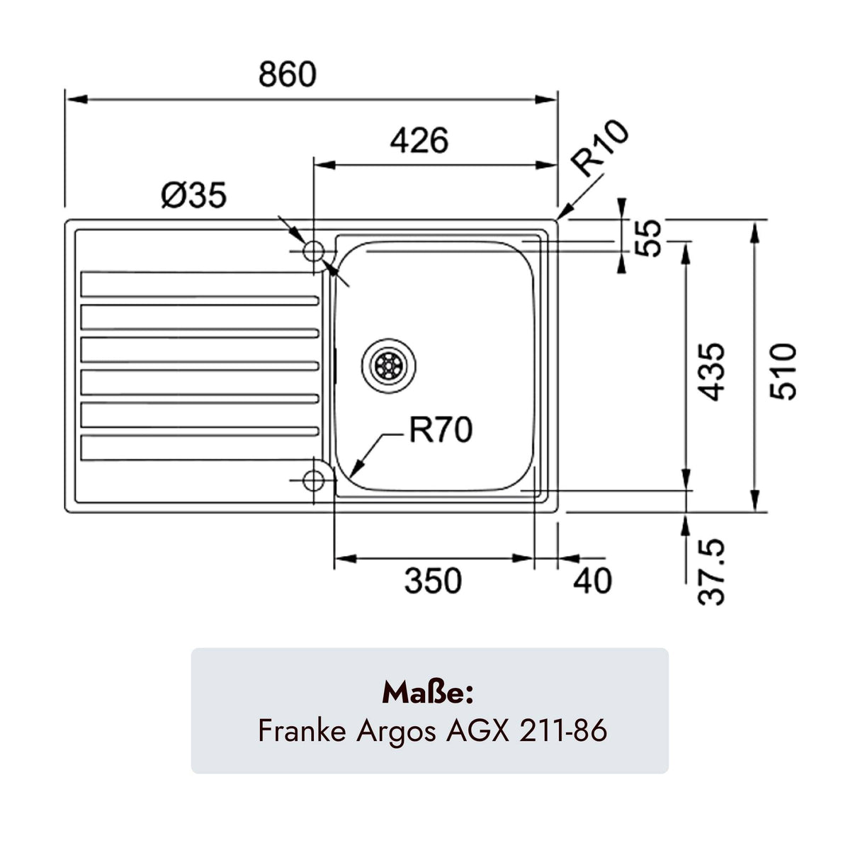 Franke Argos Edelstahlspüle 860 x 510 mm mit einem Becken für moderne Küchen
