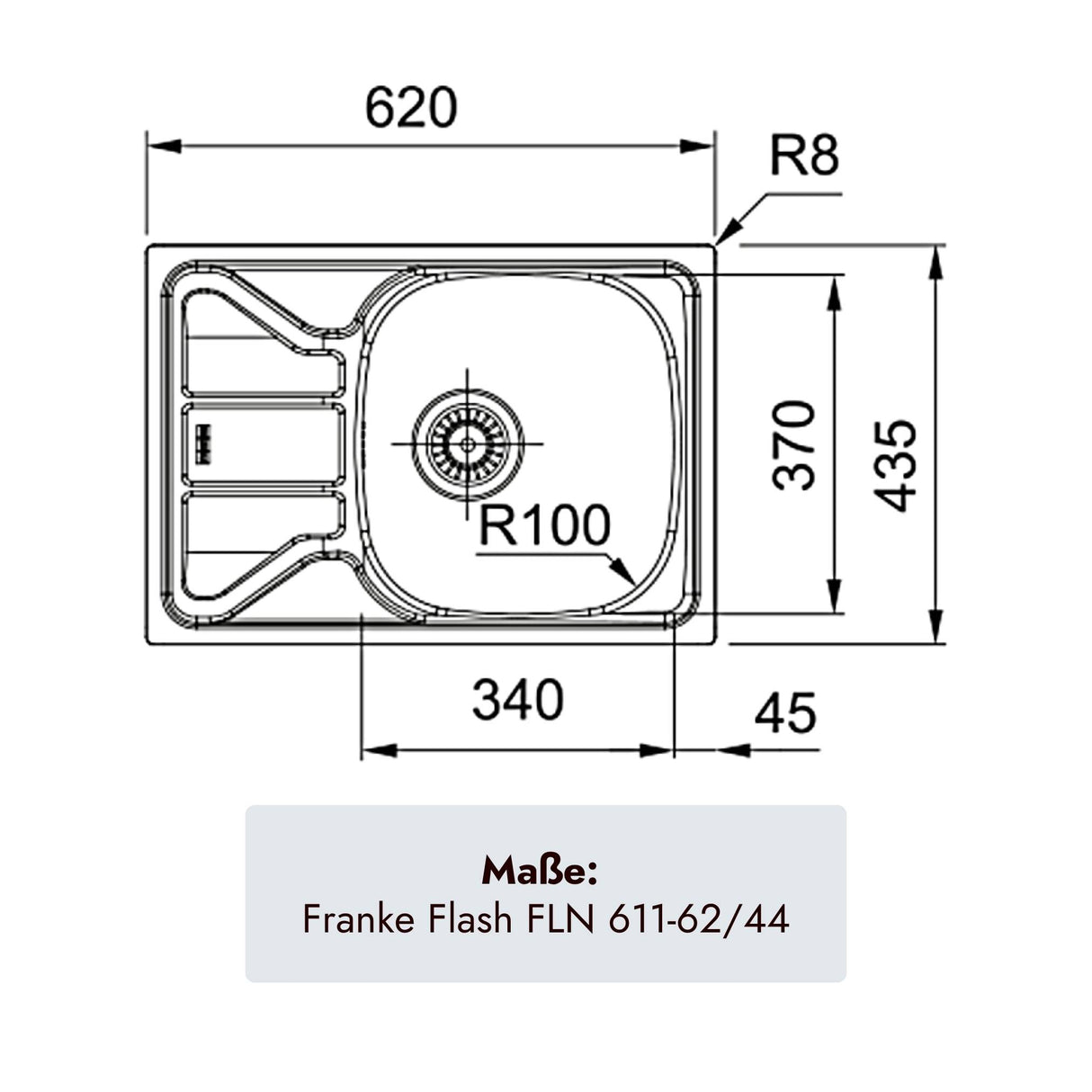 Franke Flash Küchenspüle mit einem Becken von 620 x 435 mm  und 3 1/2 Zoll Stopfenventil