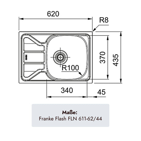 Franke Flash Küchenspüle mit einem Becken von 620 x 435 mm  und 3 1/2 Zoll Stopfenventil