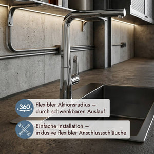 Küchenarmatur systemceram Tono mit G 3/8 Zoll Anschluss, 360 Grad schwenkbarem Auslauf und klarer Formensprache