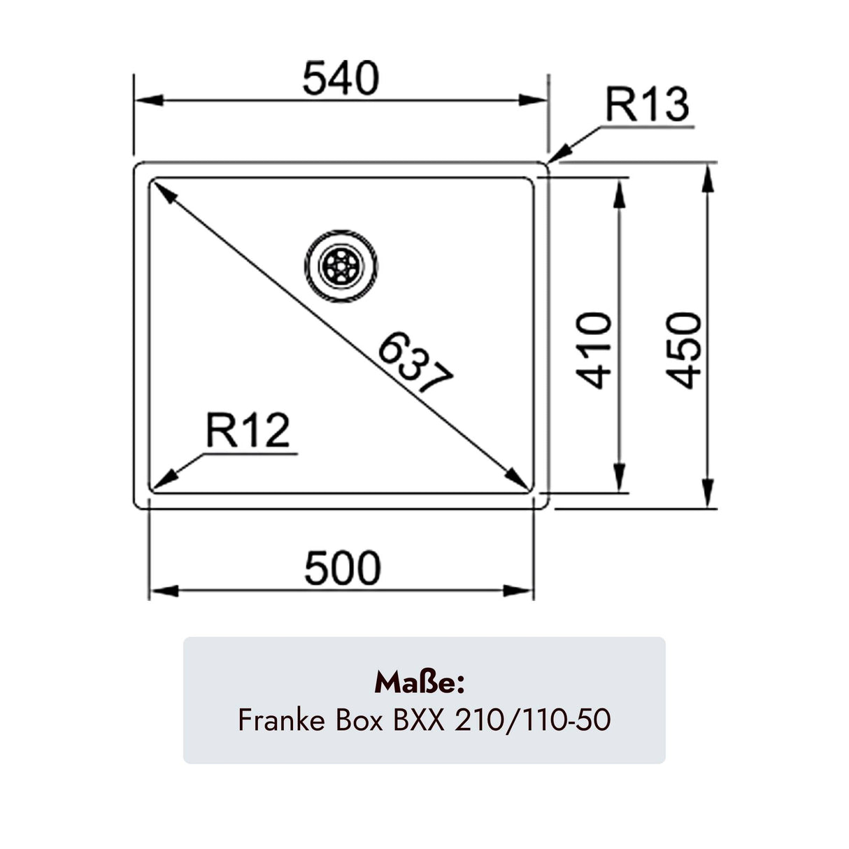 Großes Franke Box Edelstahlbecken mit 500 mm Beckenlänge und 200 mm Beckentiefe